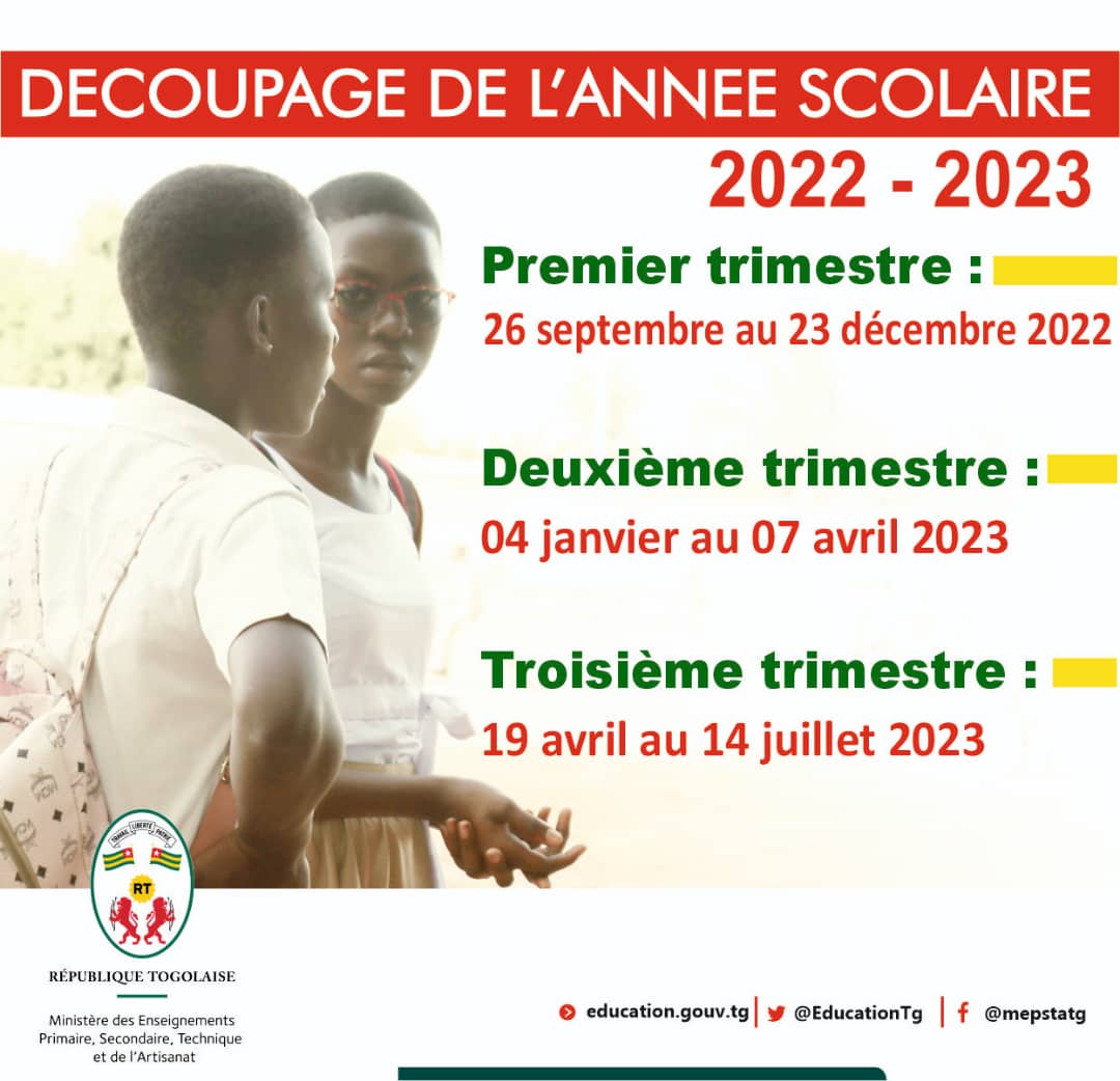 Togo : Le d&eacute;coupage de l'ann&eacute;e scolaire et universitaire 2022-2023
